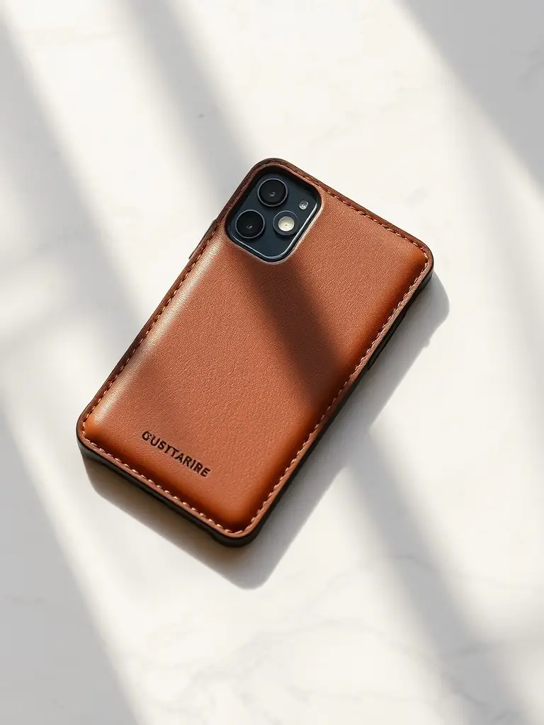 A close-up shot of the SmartTex Classic PU Leather Phone Case, showcasing the texture and stitching details of the premium PU leather. The case is on a modern smartphone, highlighting its sleek design and perfect fit.